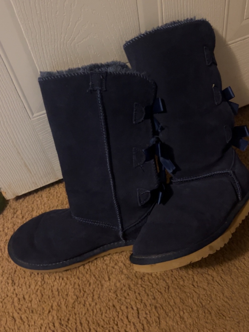 Women’s Navy Suede Mid-Calf Winter Boots with Bow Detail
